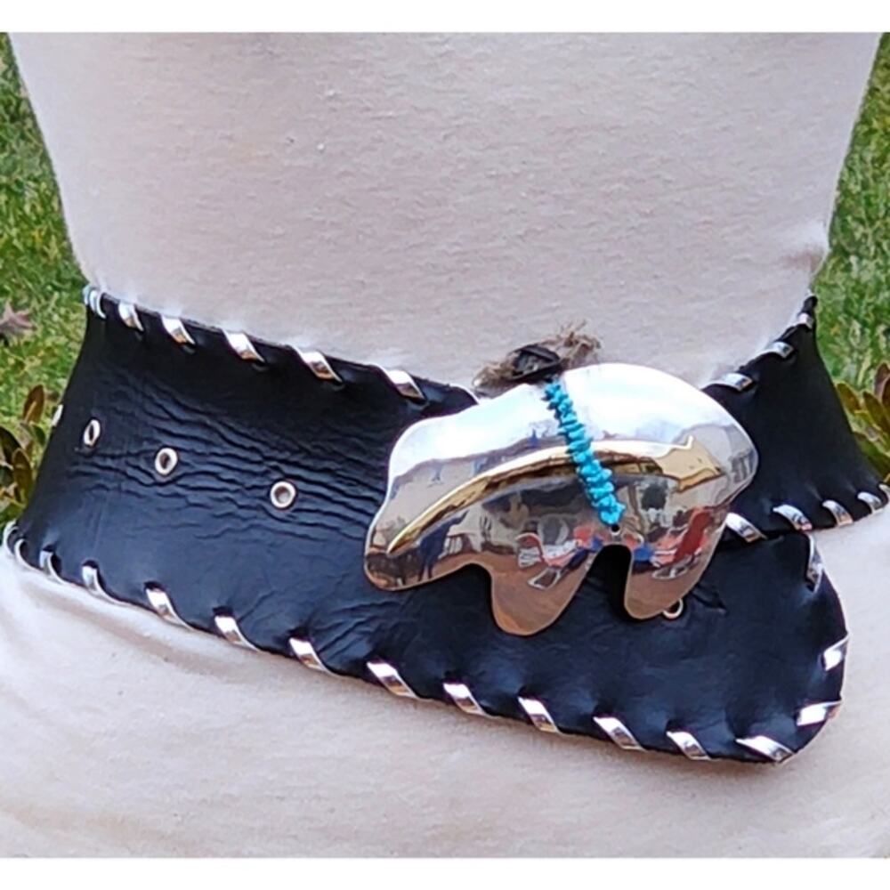 Vintage Zuni Bear Leather Belt M/L Southwestern Raised Gold-tone Spirit Line